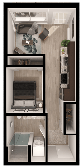 Floor plan for 1 bed, 1 bath, 457 sqft